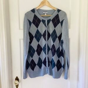 Croft & Barrow Cardigan Sweater Womens Plus Sz 1X Argyle Blue Pima Cotton Preppy